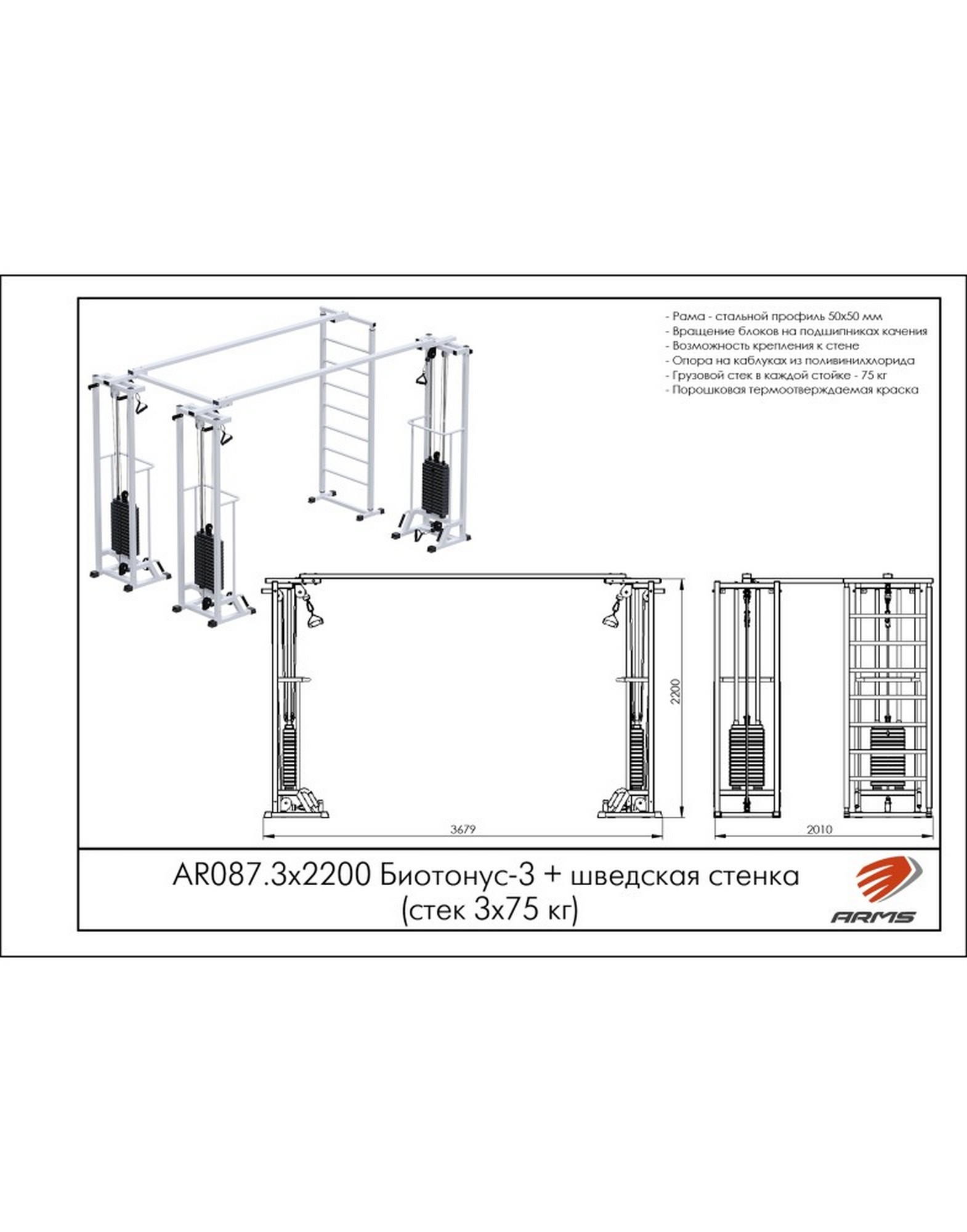 Кроссовер ARMS Биотонус-3 (стек 3х75кг)+ шведская стенка AR087.3х2200 1570_2000