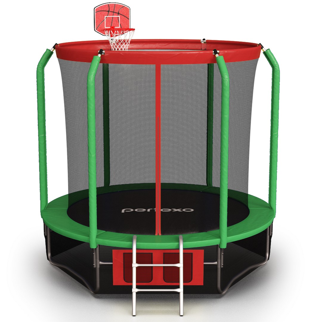 Батут perfexo, 14FT, 427 см с сеткой, лестницей, баскетбольным кольцом и сумкой для обуви Красный-зеленый 1080_1080
