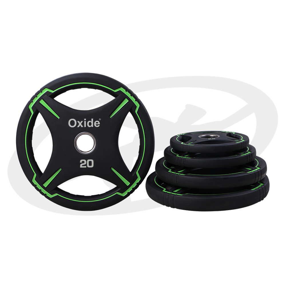 Диск олимпийский, полиуретановый, с 4-мя хватами, цвет черный с ярко зелеными полосами, 10кг Oxide Fitness OWP01 1000_1000